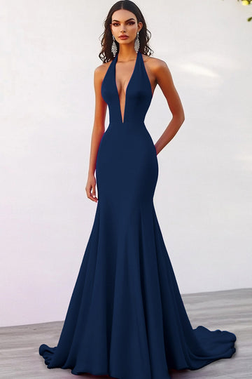 Navy Deep V Neck Halter Mermaid Long Formal Dress